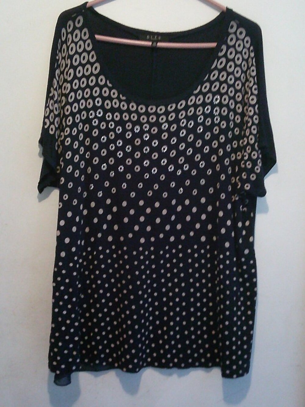Bleu Plus Size 1X Black and White Circle Print Embellished Top